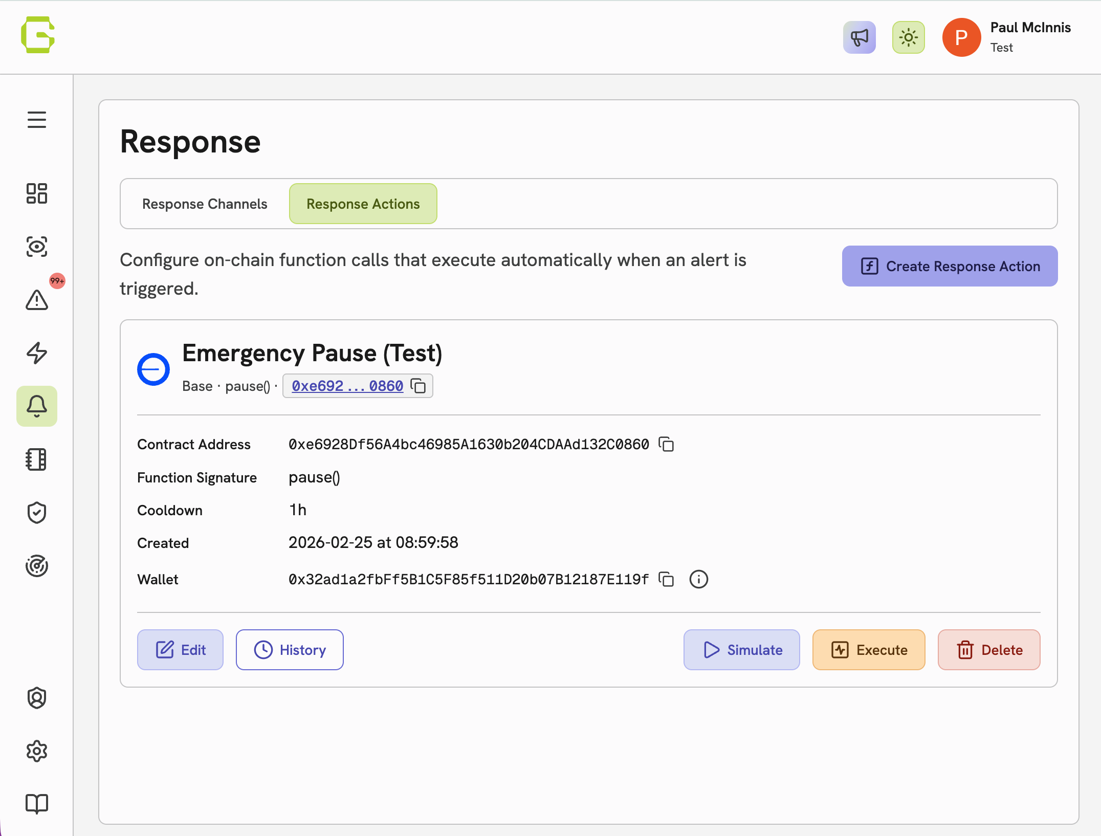 The Response Actions tab showing a configured response action with its contract address, function signature, wallet, and action buttons
