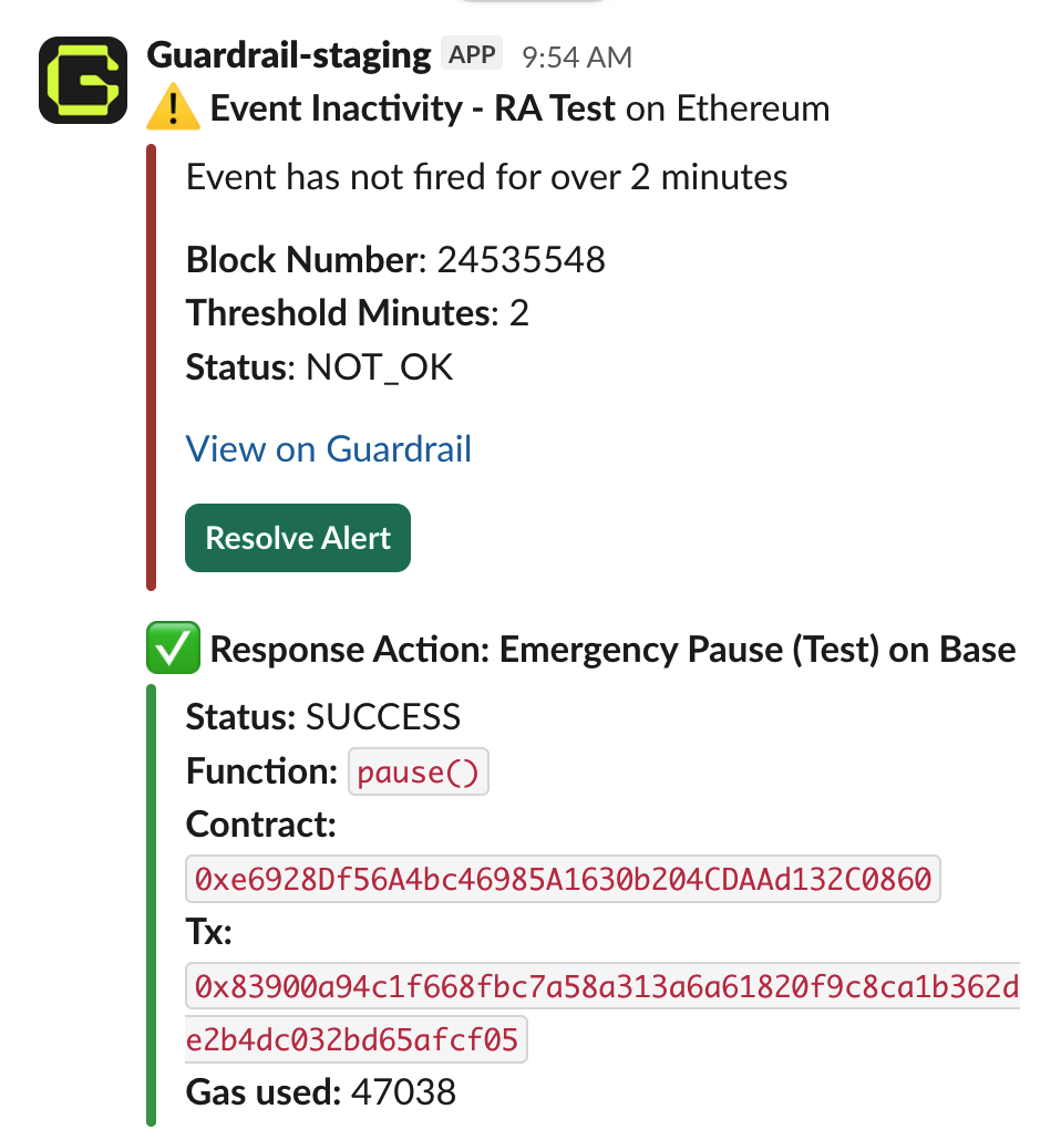 A Slack notification showing a guard alert with a successful response action that paused a contract